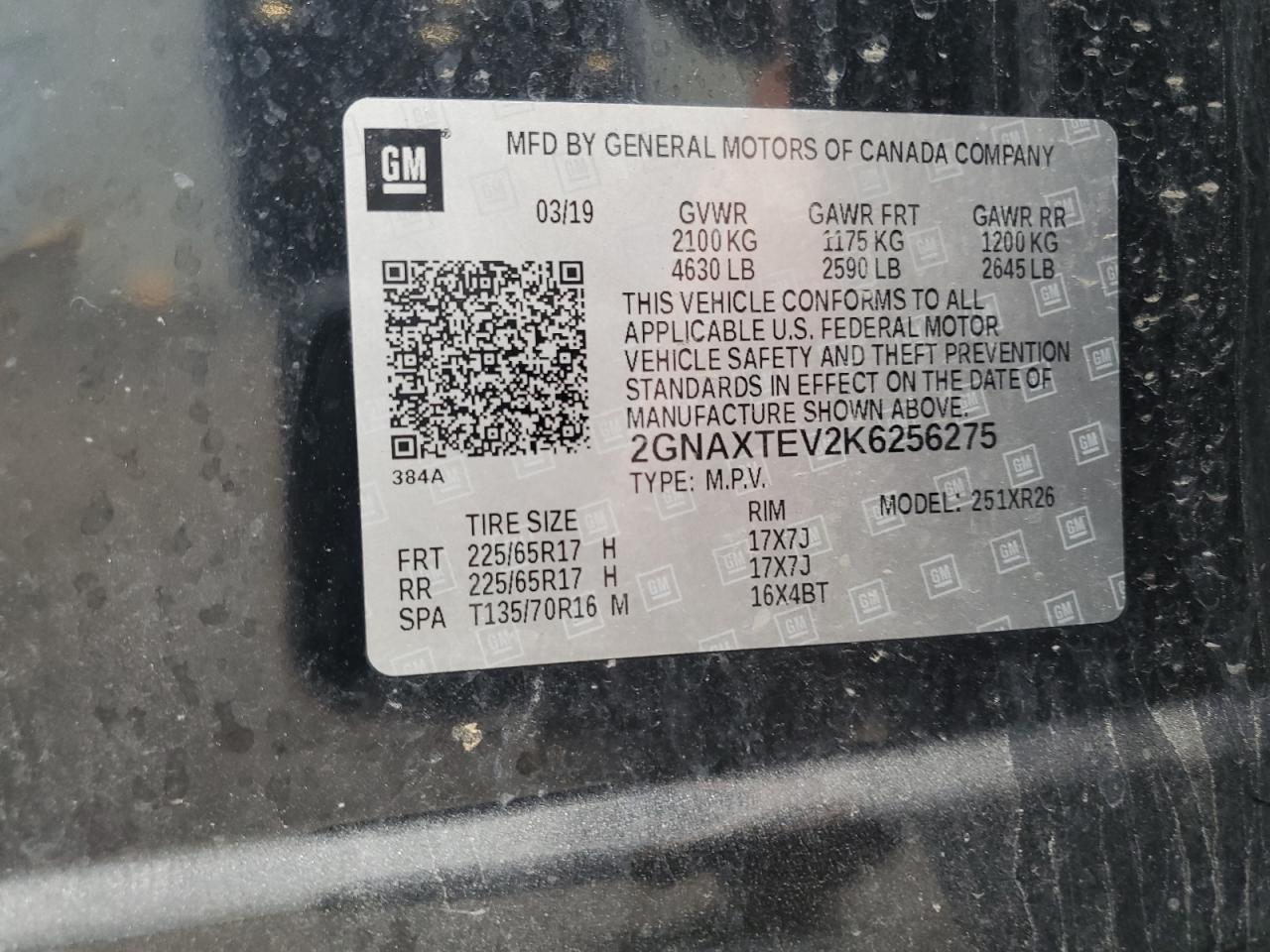 2019 Chevrolet Equinox Lt VIN: 2GNAXTEV2K6256275 Lot: 69580945