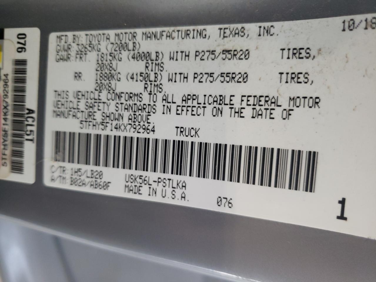 2019 Toyota Tundra Crewmax Limited VIN: 5TFHY5F14KX792964 Lot: 81832855