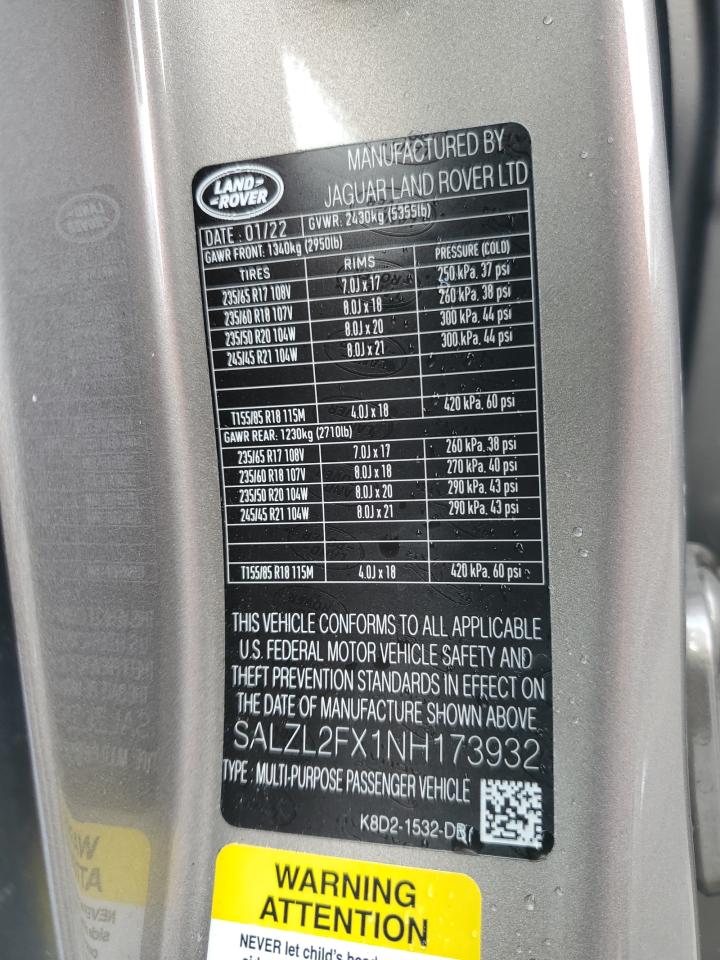 2022 Land Rover Range Rover Evoque R-Dynamic Se VIN: SALZL2FX1NH173932 Lot: 81729515