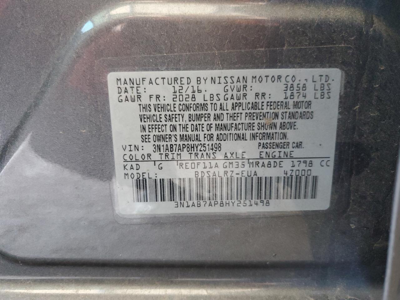 2017 Nissan Sentra S VIN: 3N1AB7AP8HY251498 Lot: 70775665