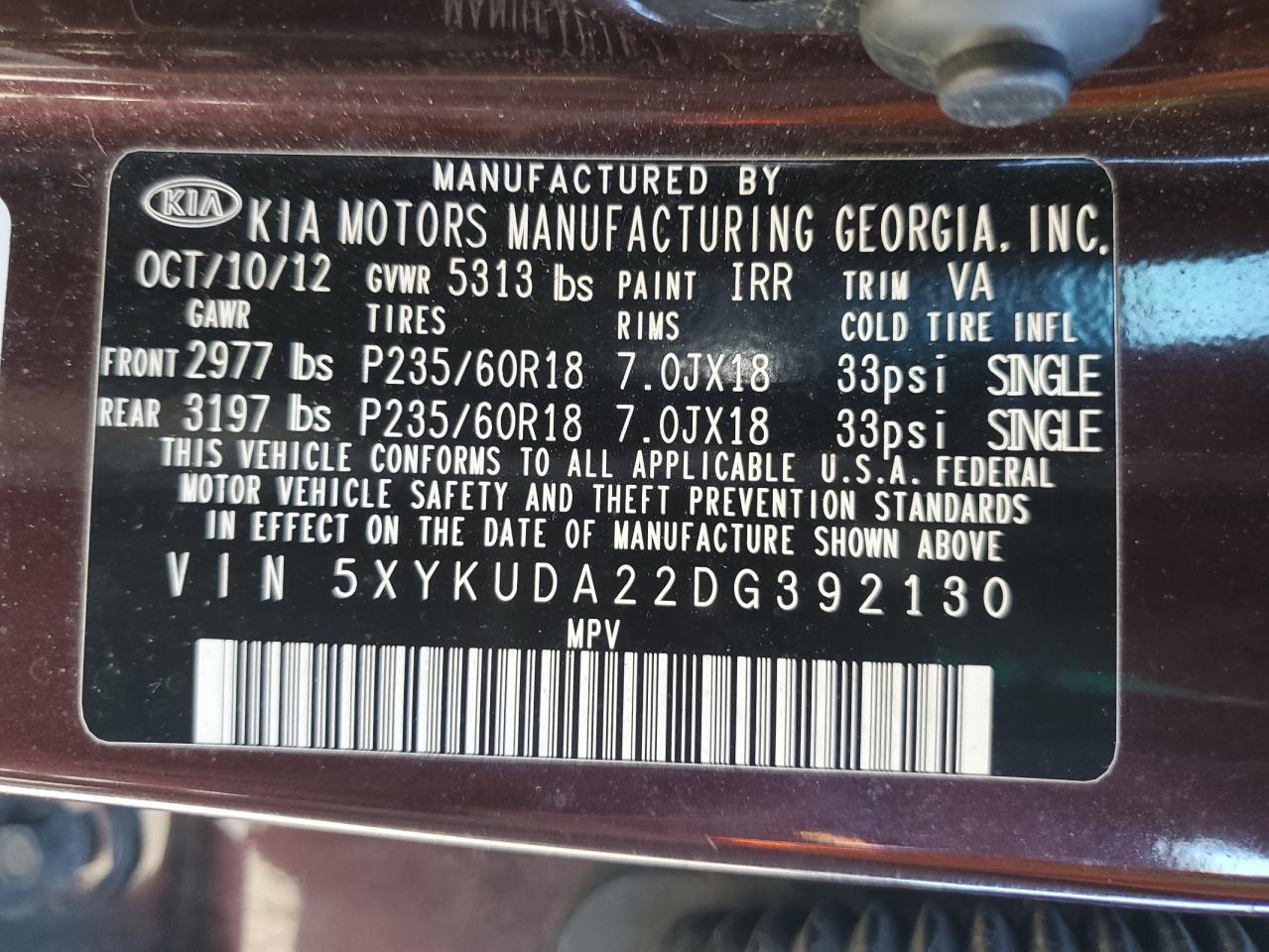 2013 Kia Sorento Ex VIN: 5XYKUDA22DG392130 Lot: 81395425