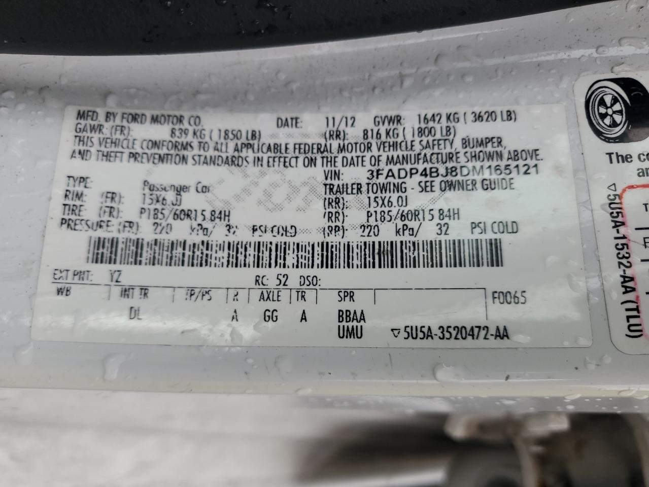 2013 Ford Fiesta Se VIN: 3FADP4BJ8DM165121 Lot: 71453495