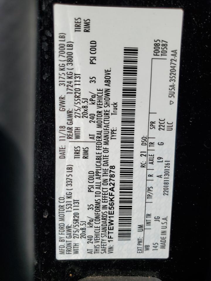 2019 Ford F150 Supercrew VIN: 1FTEW1E56KFA27878 Lot: 72087555