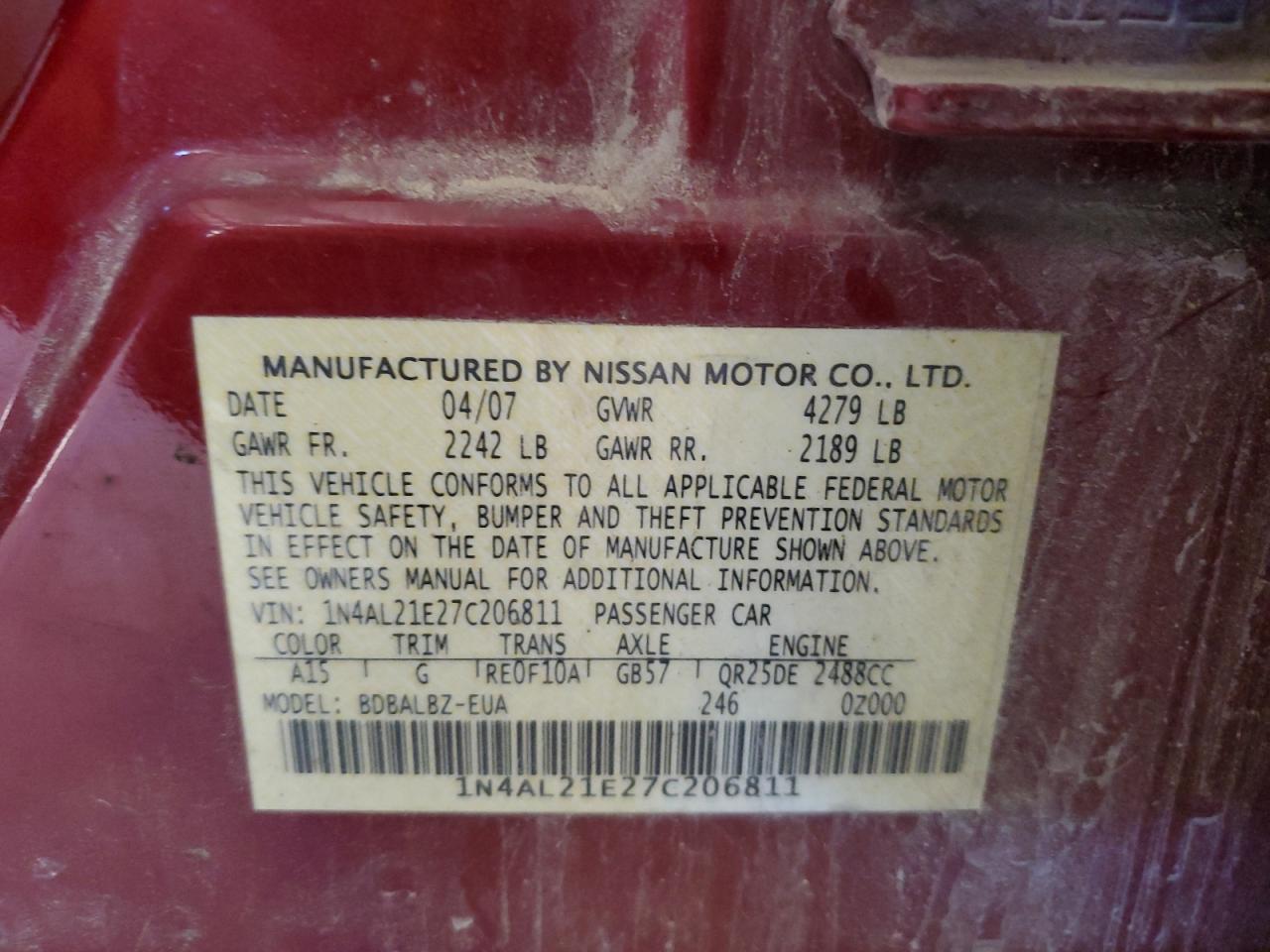 2007 Nissan Altima 2.5 VIN: 1N4AL21E27C206811 Lot: 81850035