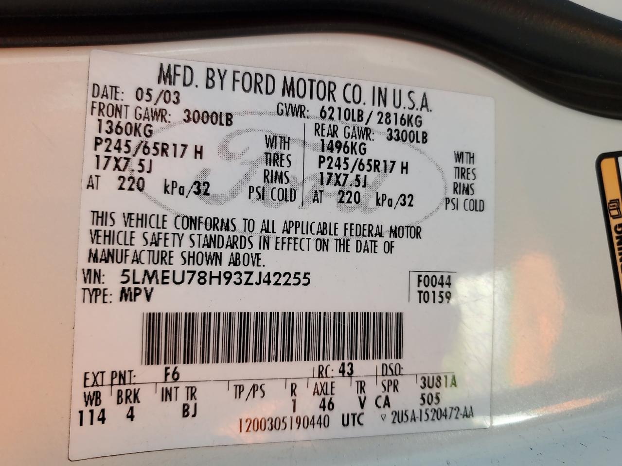 2003 Lincoln Aviator VIN: 5LMEU78H93ZJ42255 Lot: 82043415