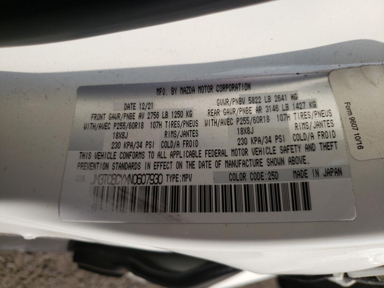 2022 Mazda Cx-9 Touring VIN: JM3TCBCYXN0607930 Lot: 81199965