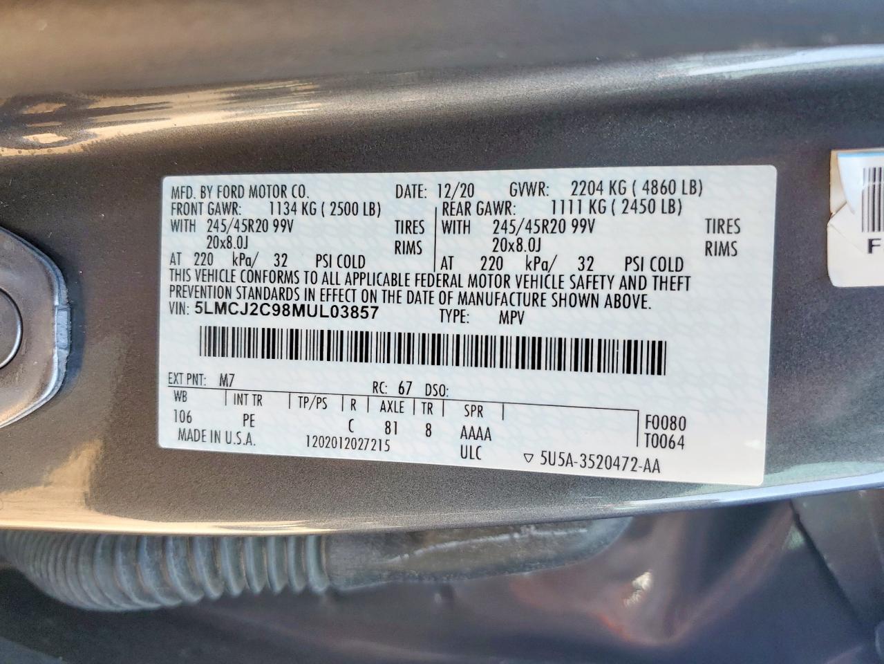 2021 Lincoln Corsair Reserve VIN: 5LMCJ2C98MUL03857 Lot: 81248415