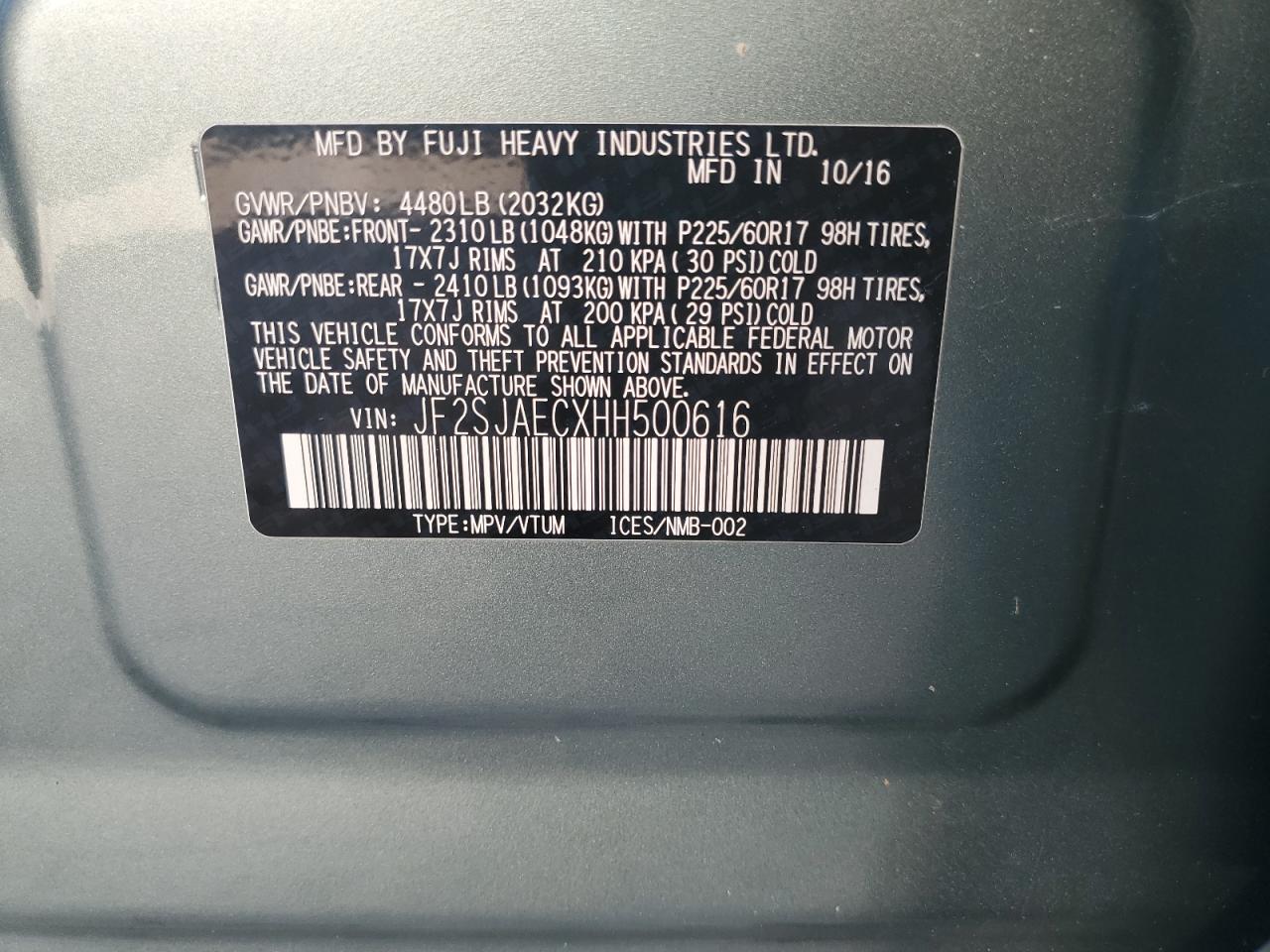 2017 Subaru Forester 2.5I Premium VIN: JF2SJAECXHH500616 Lot: 71407665