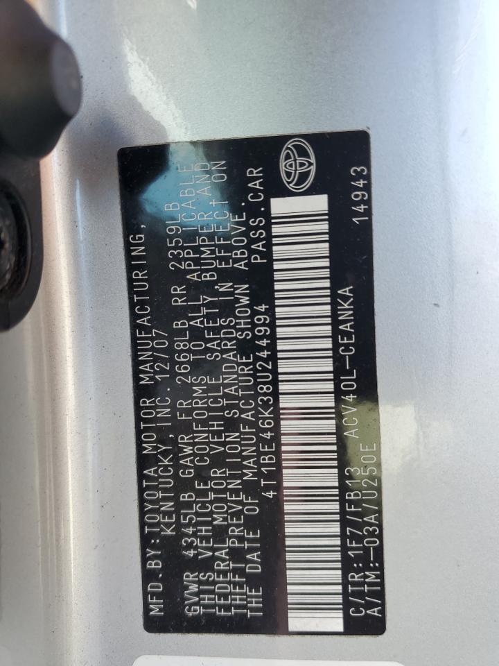 2008 Toyota Camry Ce VIN: 4T1BE46K38U244994 Lot: 80338745