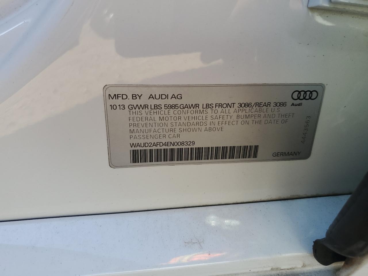 2014 Audi S8 Quattro VIN: WAUD2AFD4EN008329 Lot: 82051595