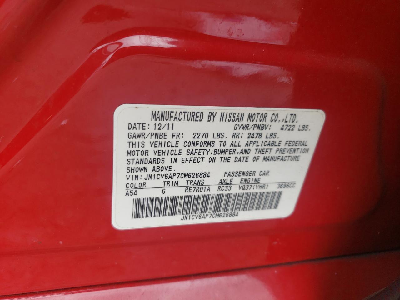 2012 Infiniti G37 Base VIN: JN1CV6AP7CM626884 Lot: 84410945