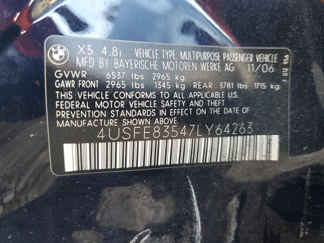 2007 BMW X5 4.8I VIN: 4USFE83547LY64263 Lot: 81510485