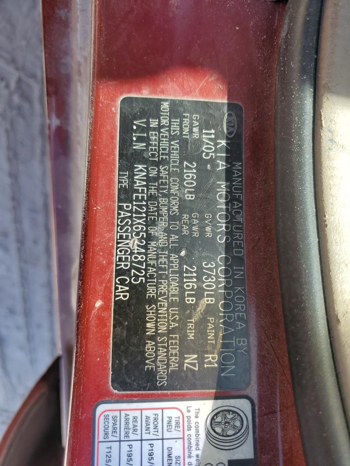 2006 Kia Spectra Lx VIN: KNAFE121X65248725 Lot: 82126215