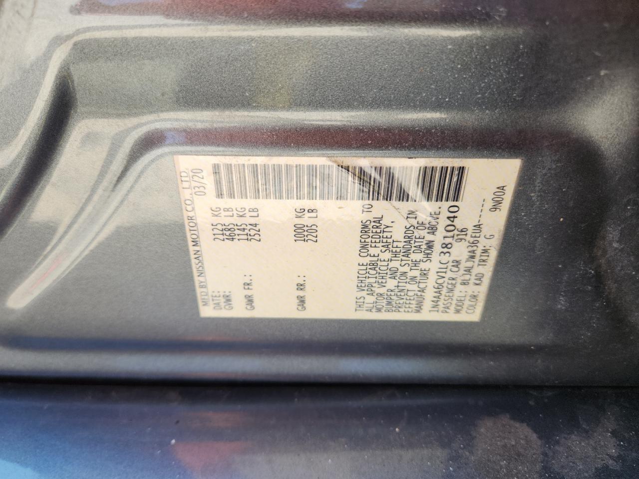 2020 Nissan Maxima Sv VIN: 1N4AA6CV1LC381040 Lot: 71258065