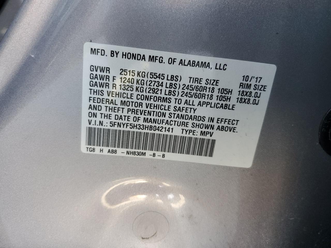 2017 Honda Pilot Ex VIN: 5FNYF5H33HB042141 Lot: 80222315