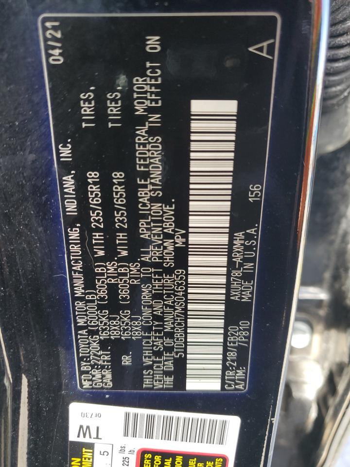 2021 Toyota Highlander Hybrid Xle VIN: 5TDGBRCH7MS046359 Lot: 71486625