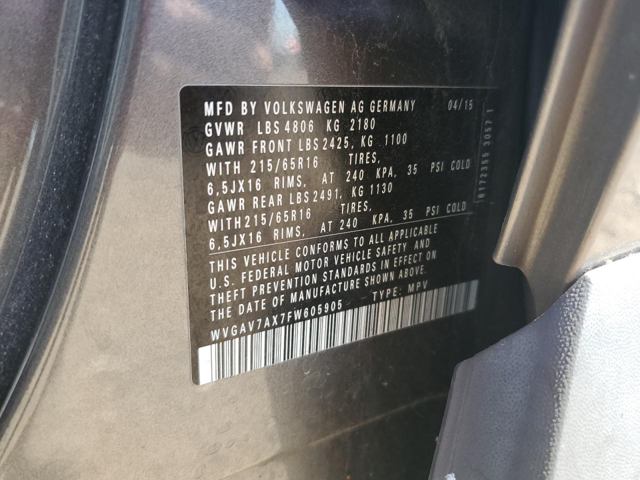 2015 Volkswagen Tiguan S VIN: WVGAV7AX7FW605905 Lot: 71708525