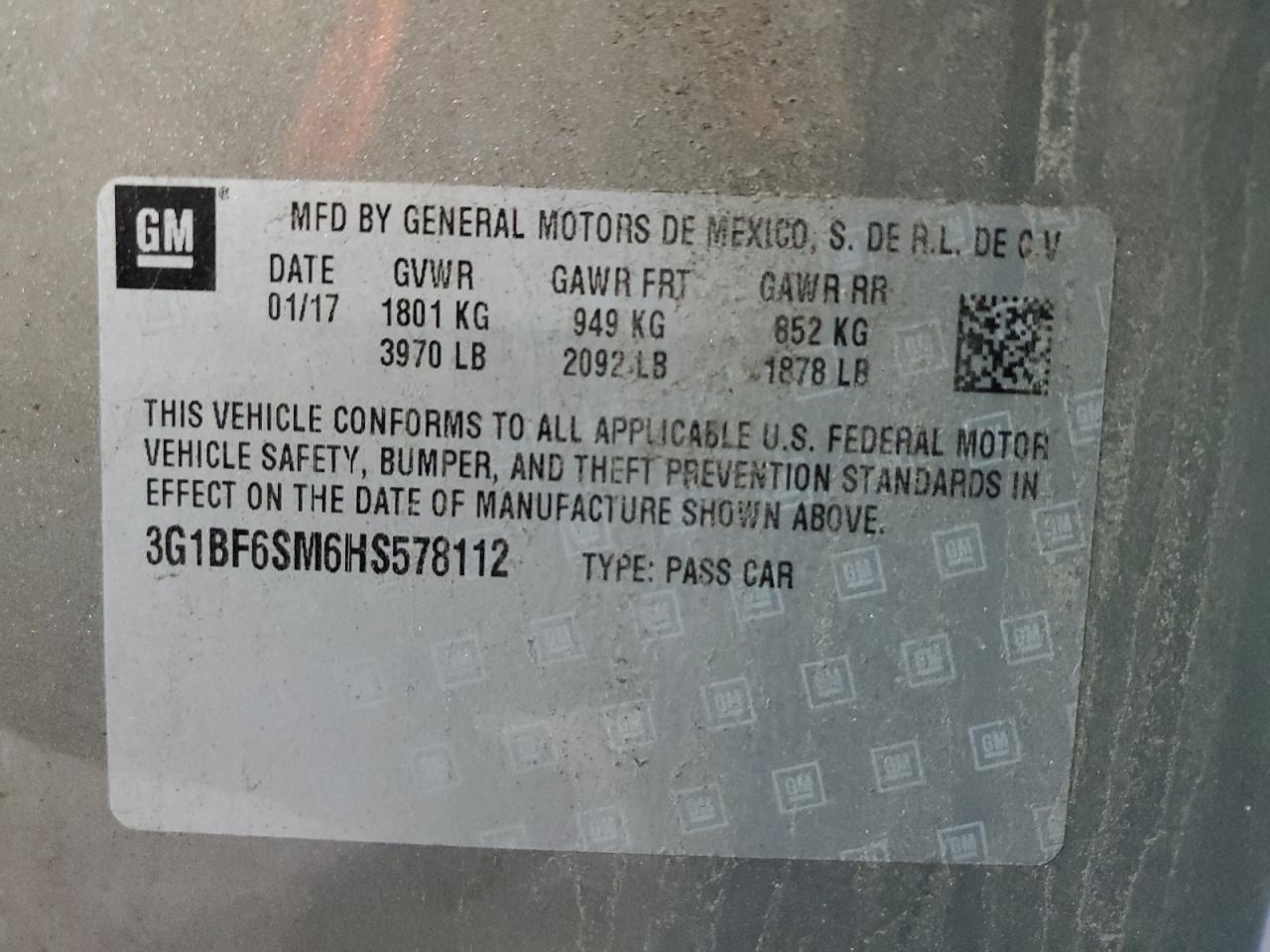 2017 Chevrolet Cruze Premier VIN: 3G1BF6SM6HS578112 Lot: 80764525
