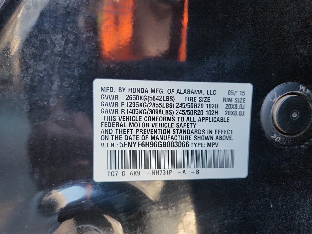 2016 Honda Pilot Touring VIN: 5FNYF6H96GB003066 Lot: 81088145