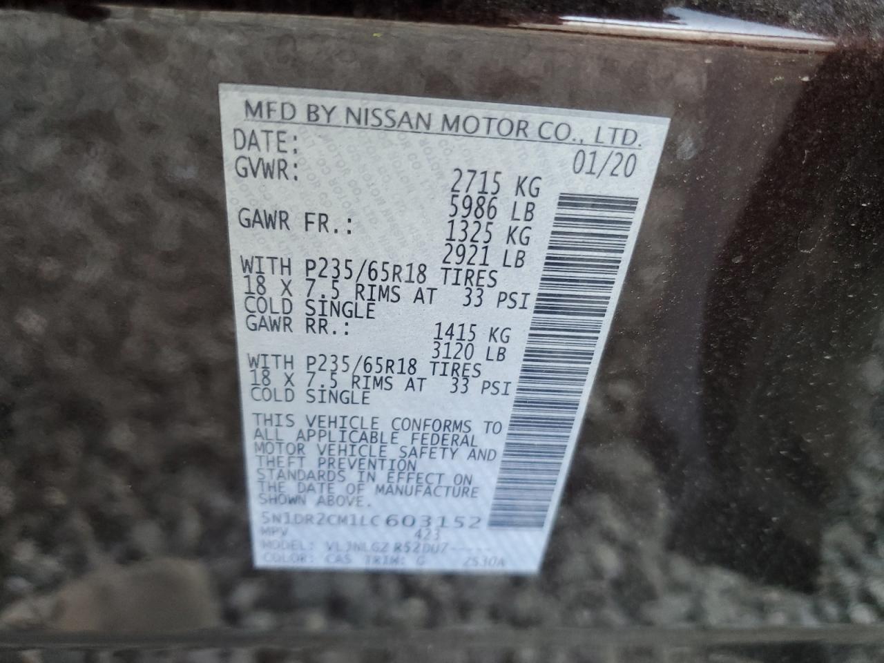 2020 Nissan Pathfinder Sl VIN: 5N1DR2CM1LC603152 Lot: 81129795