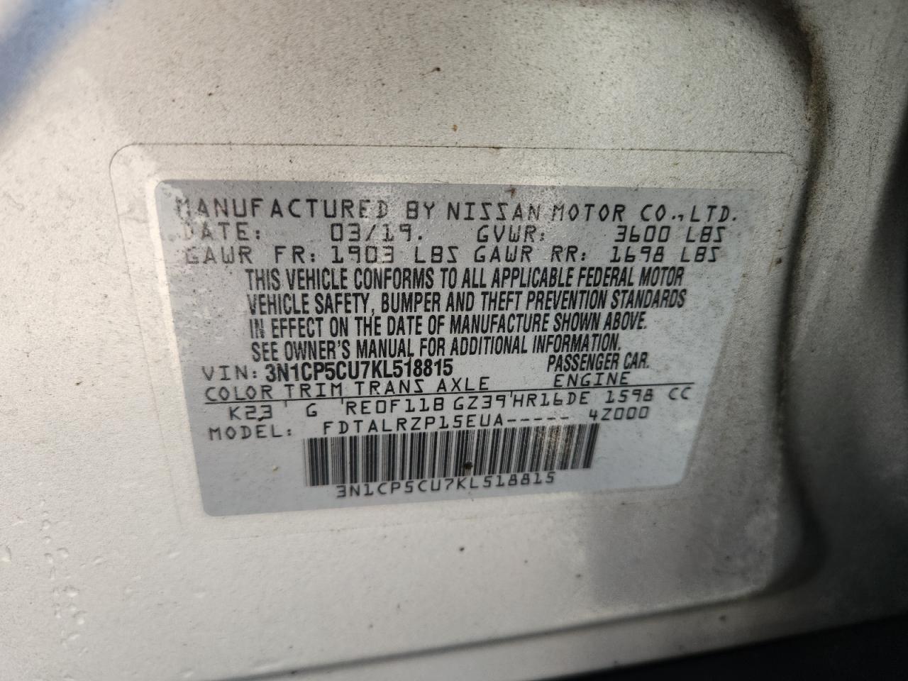 2019 Nissan Kicks S VIN: 3N1CP5CU7KL518815 Lot: 80637525