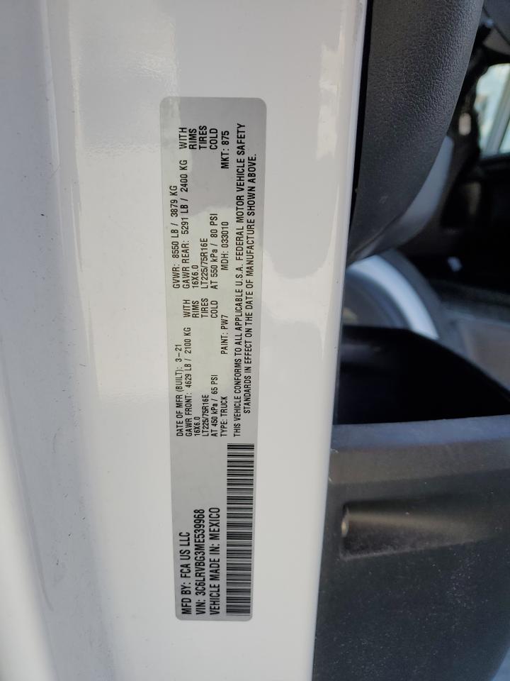 2021 Ram Promaster 1500 1500 High VIN: 3C6LRVBG3ME539968 Lot: 83873325