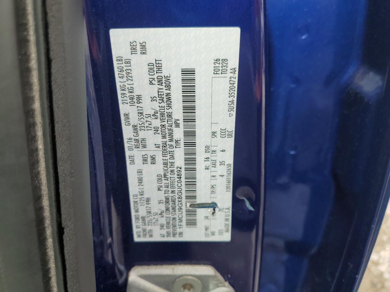 2016 Ford Escape Se VIN: 1FMCU9GX8GUC04892 Lot: 81019205