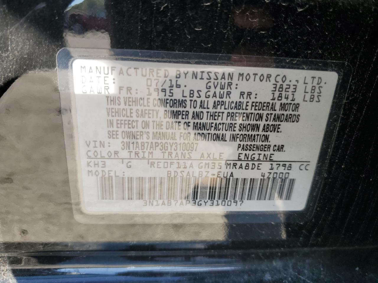 2016 Nissan Sentra S VIN: 3N1AB7AP3GY310097 Lot: 84235245