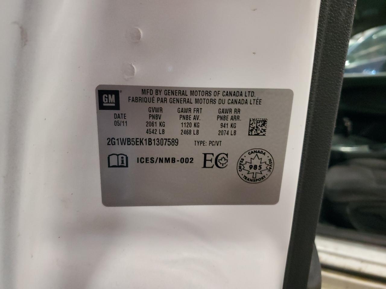 2011 Chevrolet Impala Lt VIN: 2G1WB5EK1B1307589 Lot: 84595655