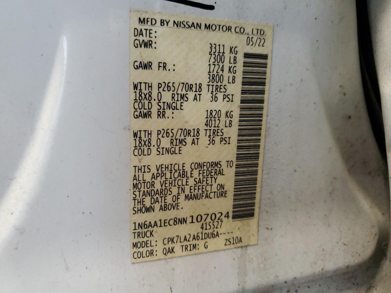 2022 Nissan Titan S VIN: 1N6AA1EC8NN107024 Lot: 71851145
