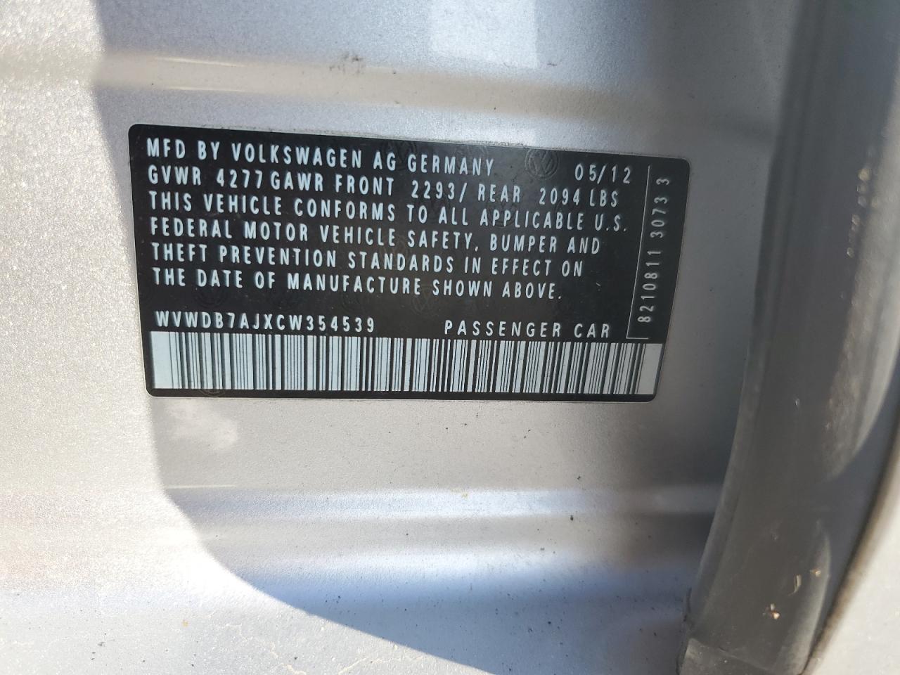 2012 Volkswagen Golf VIN: WVWDB7AJXCW354539 Lot: 71591355