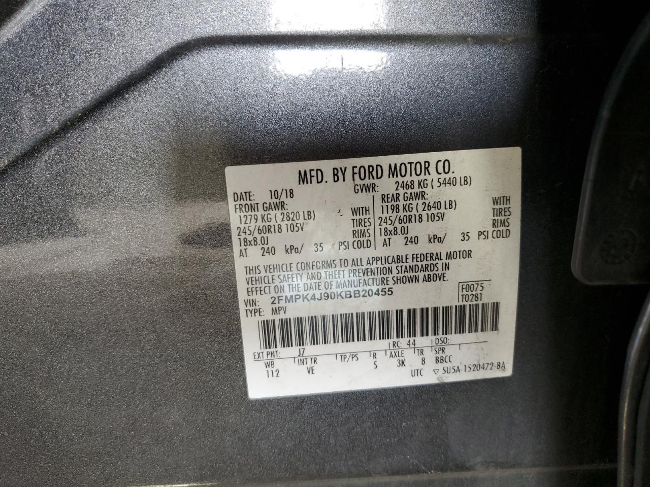 2019 Ford Edge Sel VIN: 2FMPK4J90KBB20455 Lot: 81247455