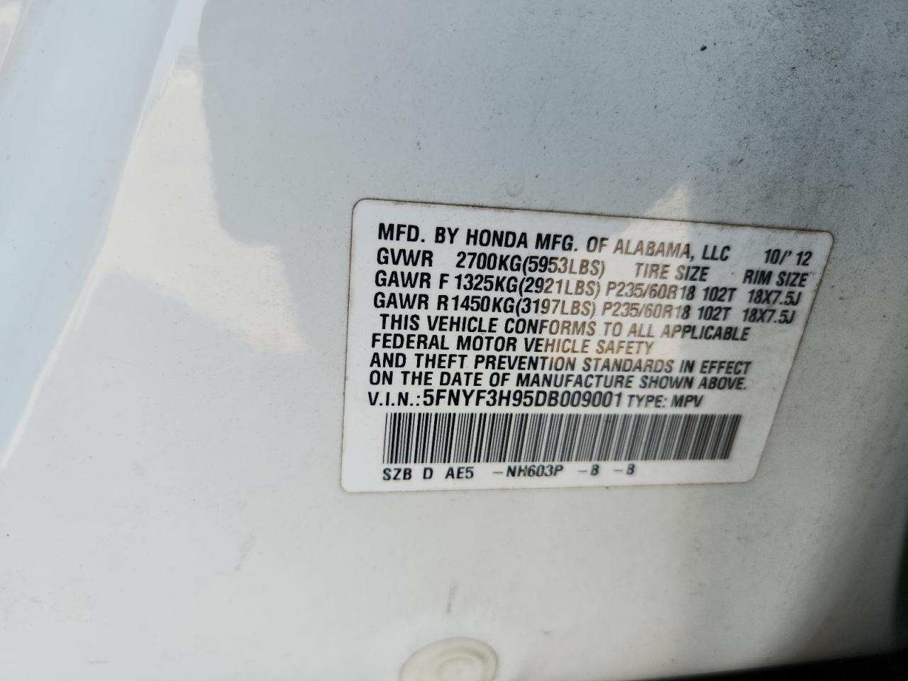 2013 Honda Pilot Touring VIN: 5FNYF3H95DB009001 Lot: 80348215