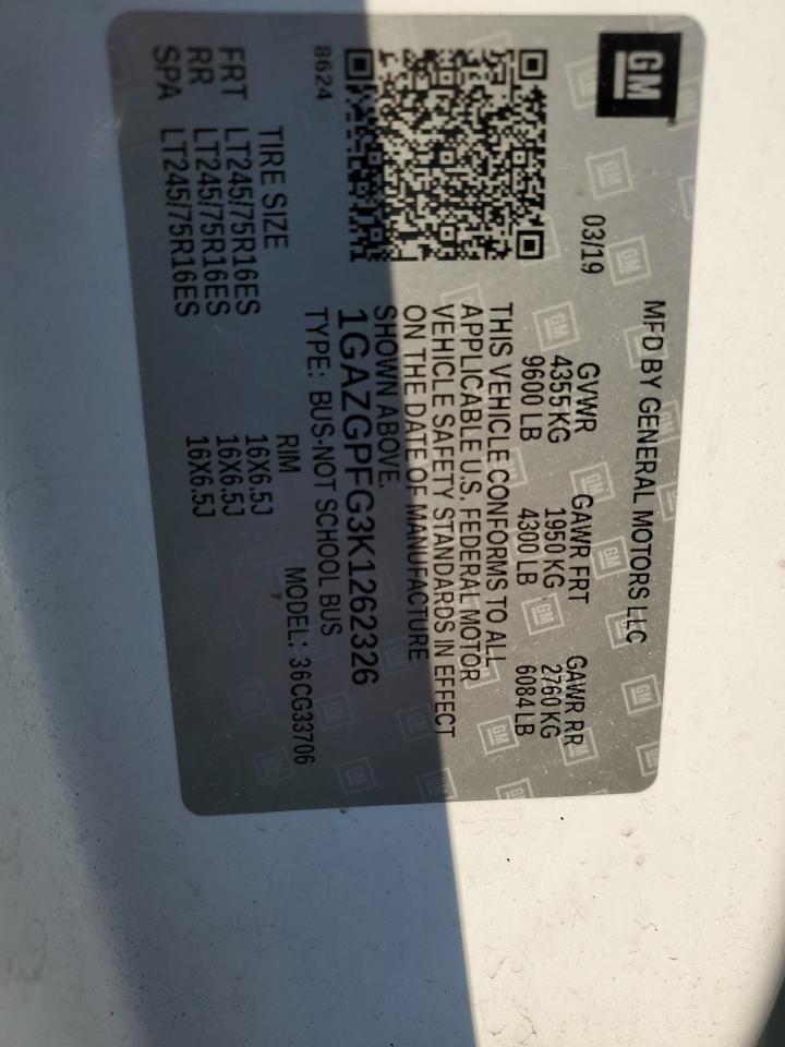2019 Chevrolet Express G3500 Lt VIN: 1GAZGPFG3K1262326 Lot: 80393985