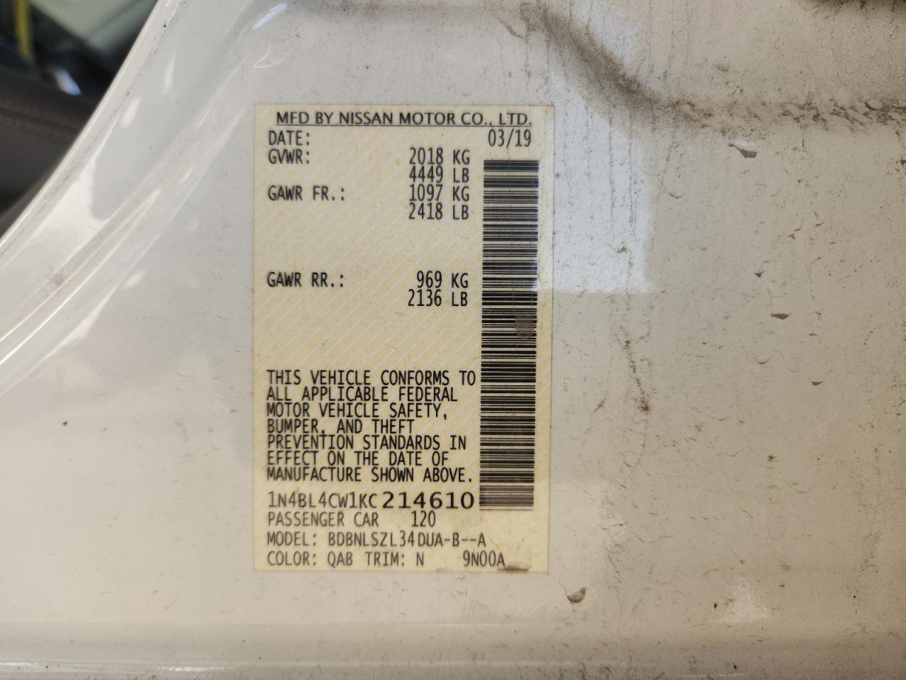 2019 Nissan Altima Sr VIN: 1N4BL4CW1KC214610 Lot: 83798985