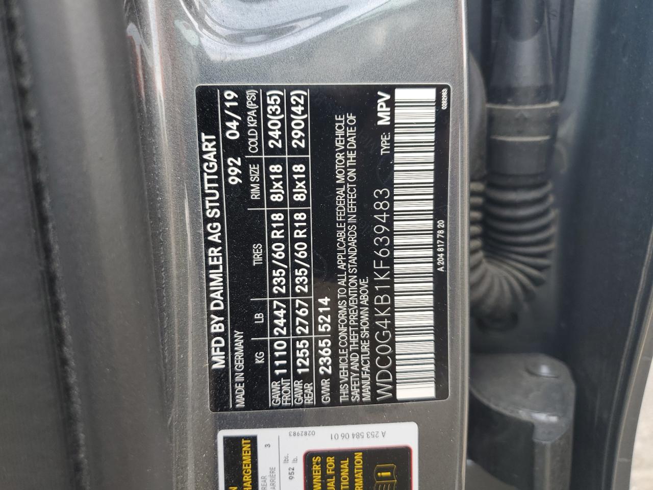 2019 Mercedes-Benz Glc 300 4Matic VIN: WDC0G4KB1KF639483 Lot: 71453625