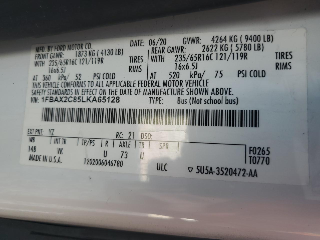 2020 Ford Transit T-350 VIN: 1FBAX2C85LKA65128 Lot: 81118815