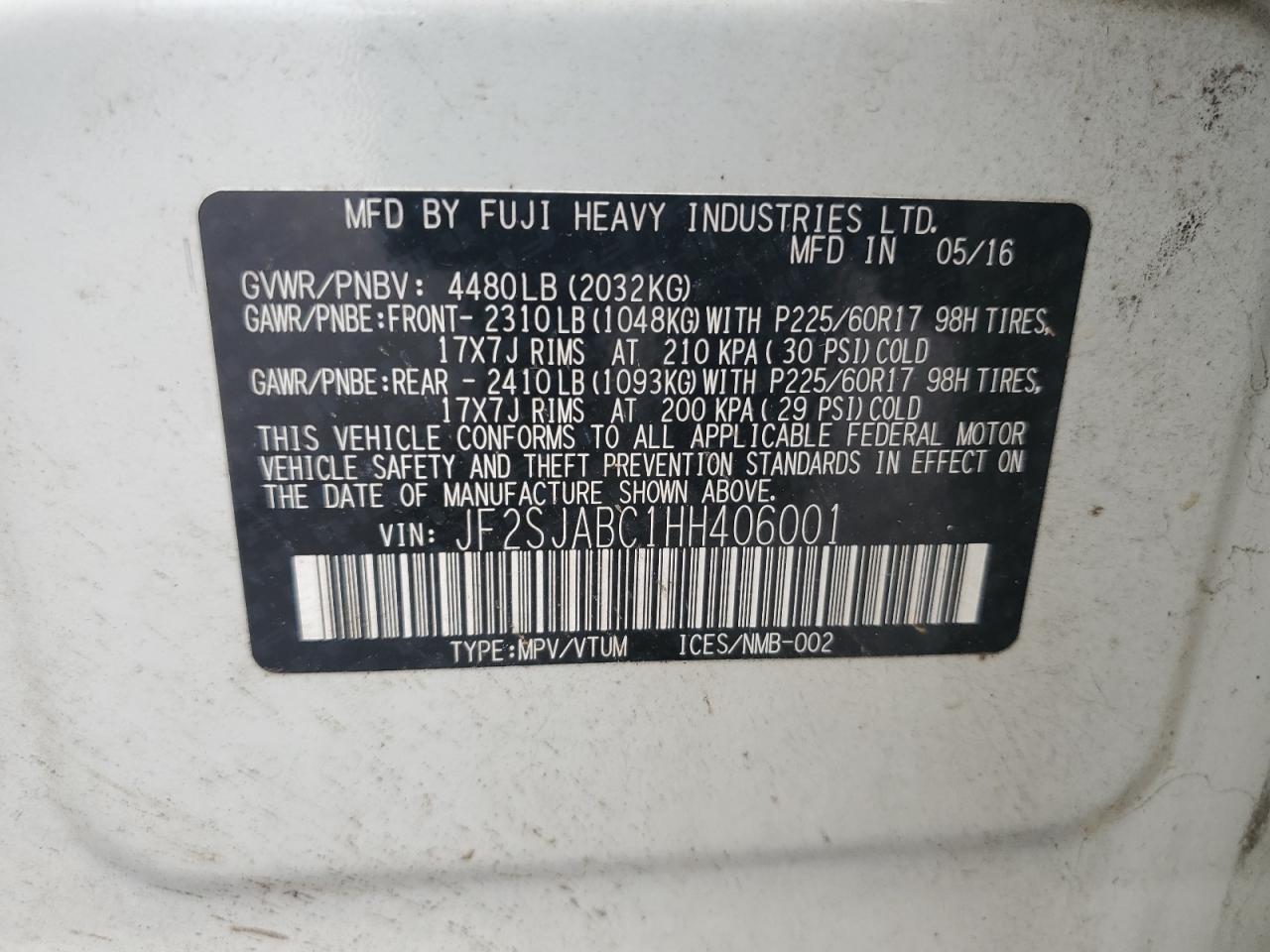 2017 Subaru Forester 2.5I VIN: JF2SJABC1HH406001 Lot: 84198185