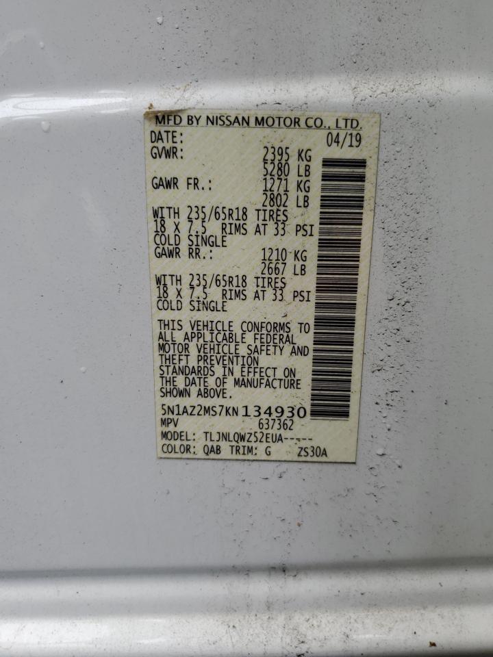 2019 Nissan Murano S VIN: 5N1AZ2MS7KN134930 Lot: 83761395