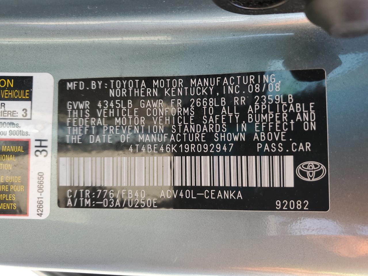 2009 Toyota Camry Base VIN: 4T4BE46K19R092947 Lot: 81082165