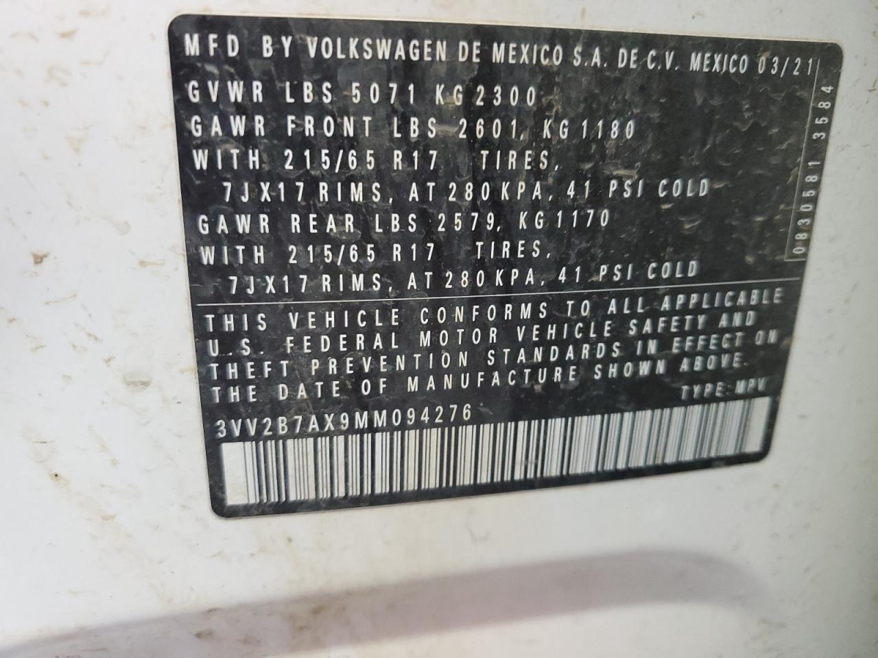 2021 Volkswagen Tiguan Se VIN: 3VV2B7AX9MM094276 Lot: 71858655