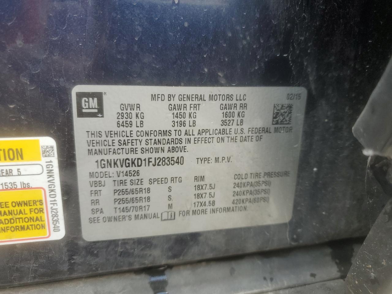2015 Chevrolet Traverse Lt VIN: 1GNKVGKD1FJ283540 Lot: 80505055