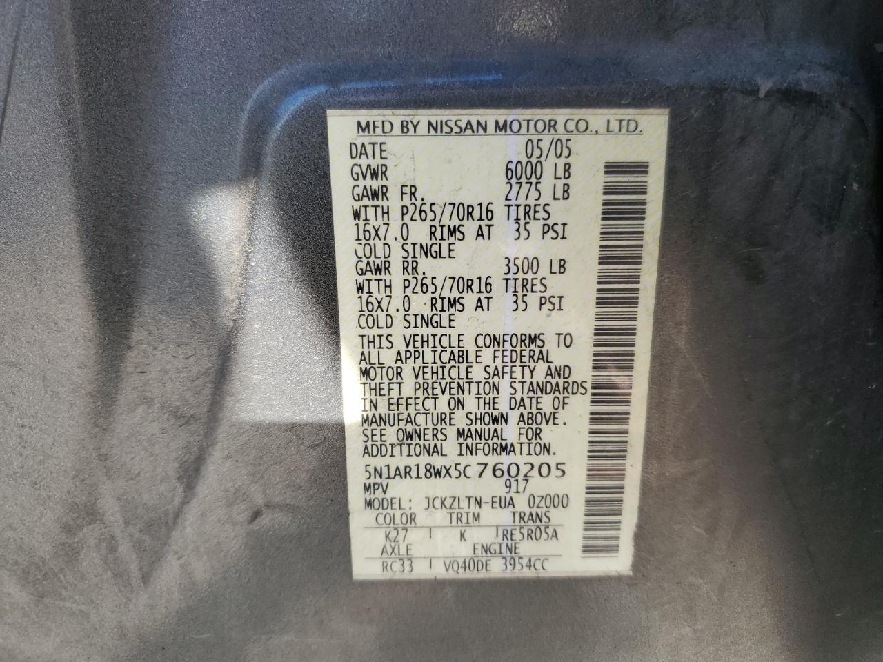 2005 Nissan Pathfinder Le VIN: 5N1AR18WX5C760205 Lot: 80333735