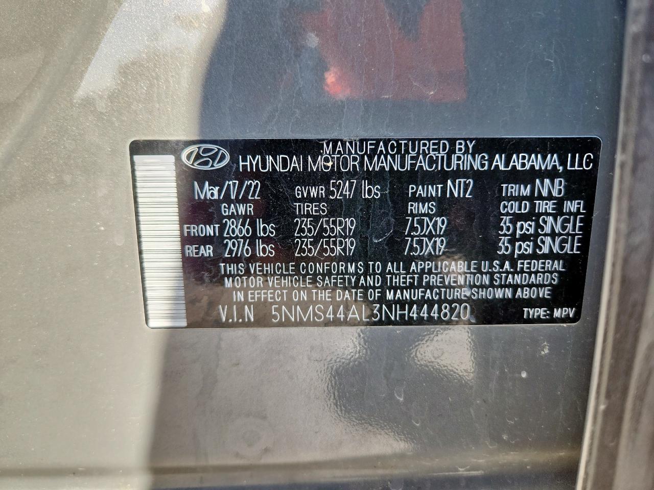 2022 Hyundai Santa Fe Limited VIN: 5NMS44AL3NH444820 Lot: 80461485