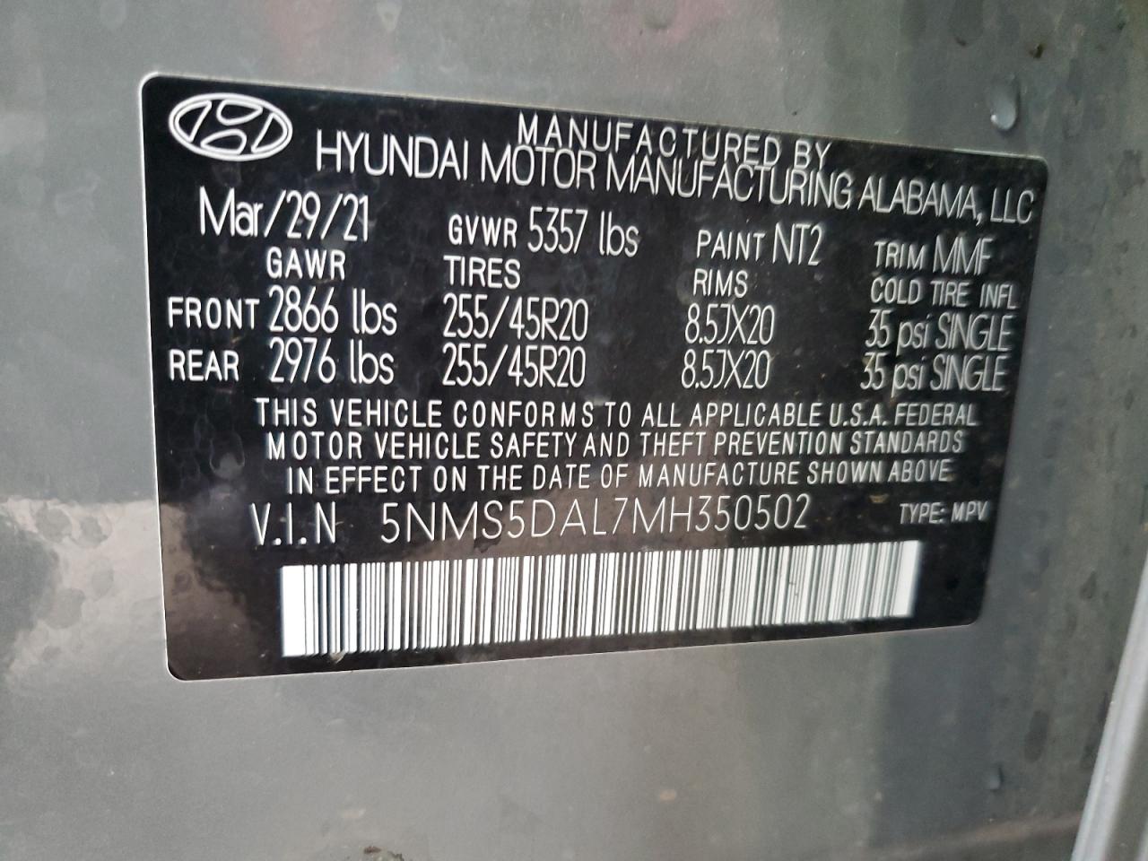 2021 Hyundai Santa Fe Calligraphy VIN: 5NMS5DAL7MH350502 Lot: 81777095
