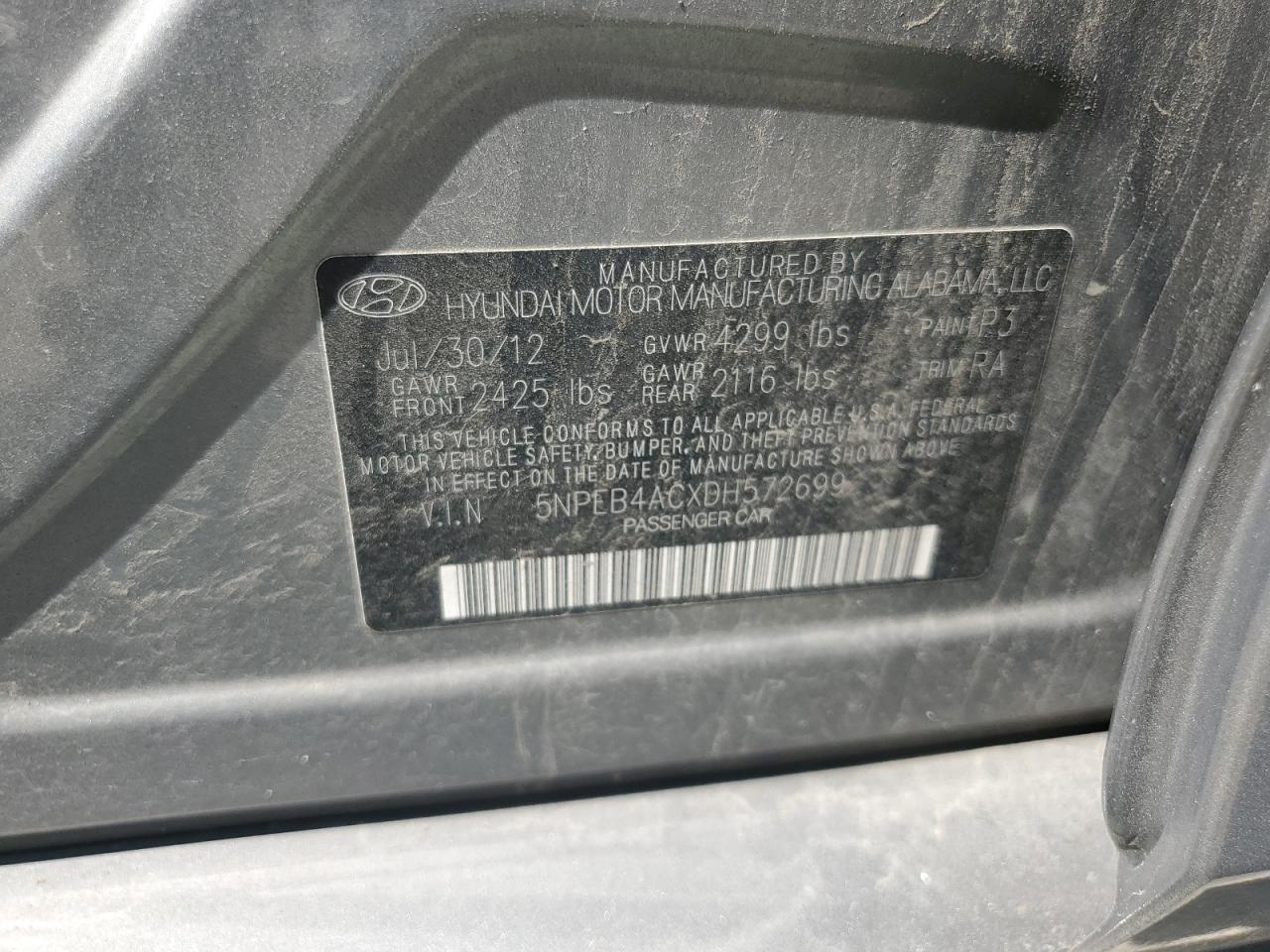 2013 Hyundai Sonata Gls VIN: 5NPEB4ACXDH572699 Lot: 70619605