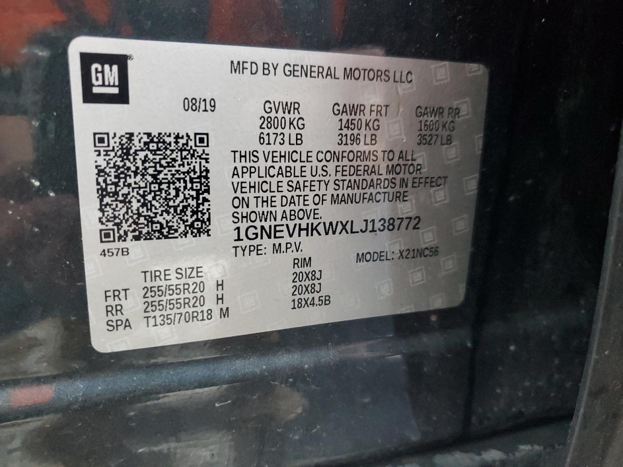 2020 Chevrolet Traverse Lt VIN: 1GNEVHKWXLJ138772 Lot: 71451385