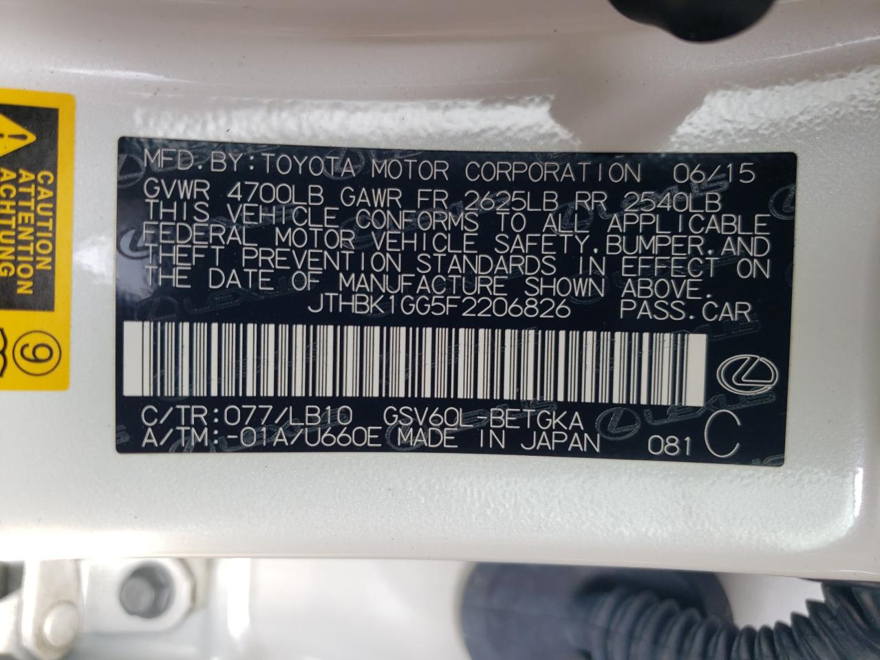 2015 Lexus Es 350 VIN: JTHBK1GG5F2206826 Lot: 72080415