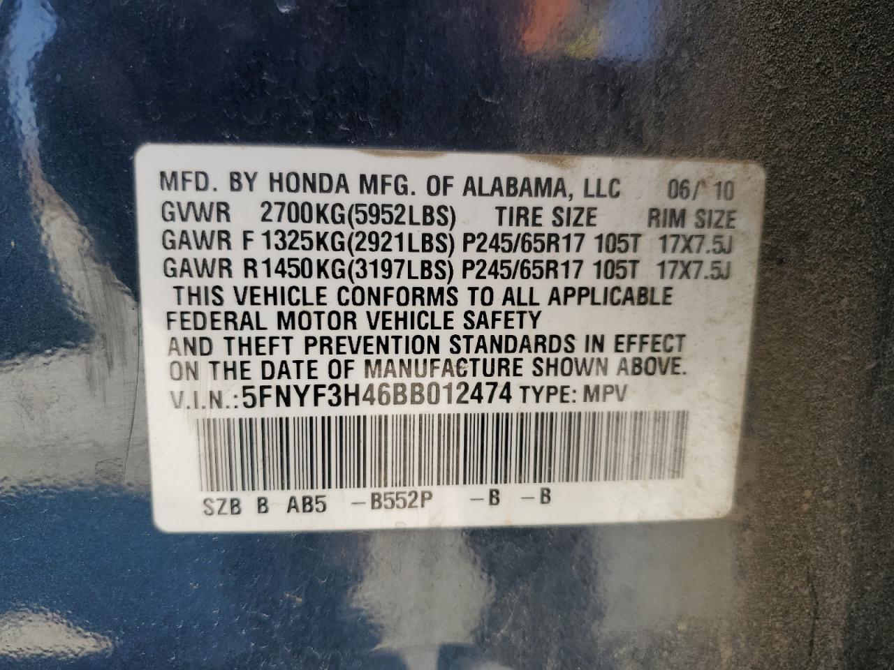 2011 Honda Pilot Ex VIN: 5FNYF3H46BB012474 Lot: 80379805