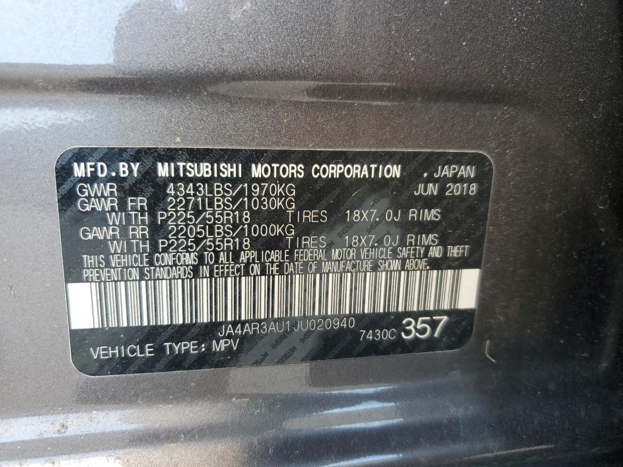 2018 Mitsubishi Outlander Sport Es VIN: JA4AR3AU1JU020940 Lot: 81755895